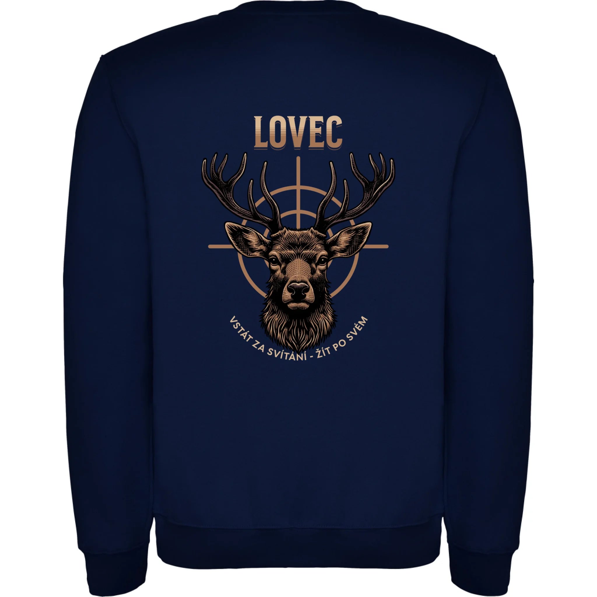 MIKINA BEZ KAPUCE UNISEX s motivem MYSLIVOST LOVEC (výběr z 5+ motivů) potisk jen na záda unisex mikina clasica Námořnická modrá