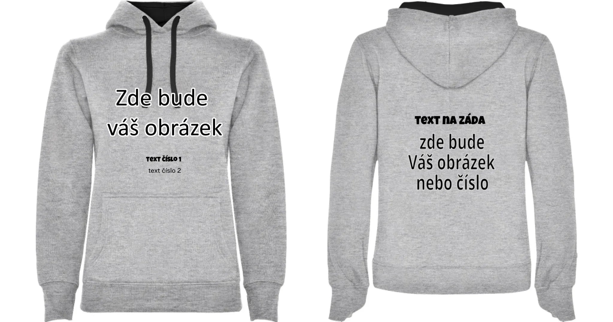 PÁNSKÁ / DÁMSKÁ / DĚTSKÁ mikina s kapucí týmová POTISK DOPŘEDU I NA ZÁDA potisk dámská Melír černá