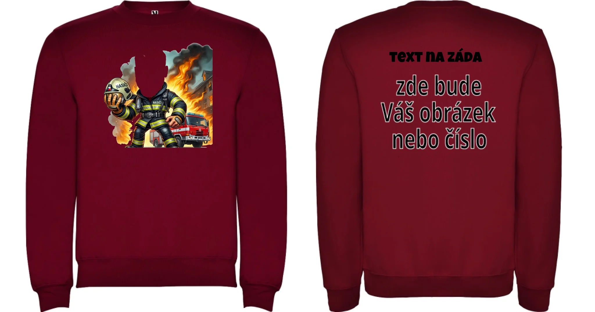 DĚTSKÁ MIKINA BEZ KAPUCE s motivem HASIČ (s vlastní fotkou) Potisk dopředu i na záda Granátová