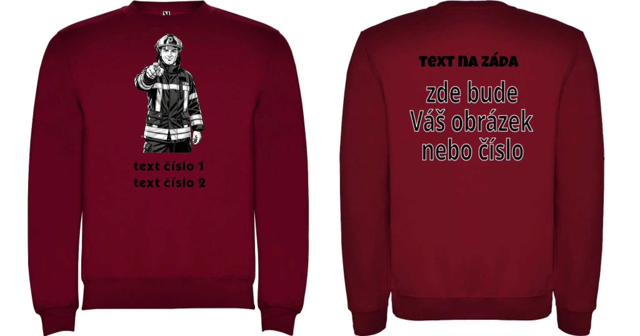 DĚTSKÁ MIKINA BEZ KAPUCE s motivem HASIČI (výběr z 10+ obrázků, možnost doplnit vlastní texty) Potisk dopředu i na záda Granátová