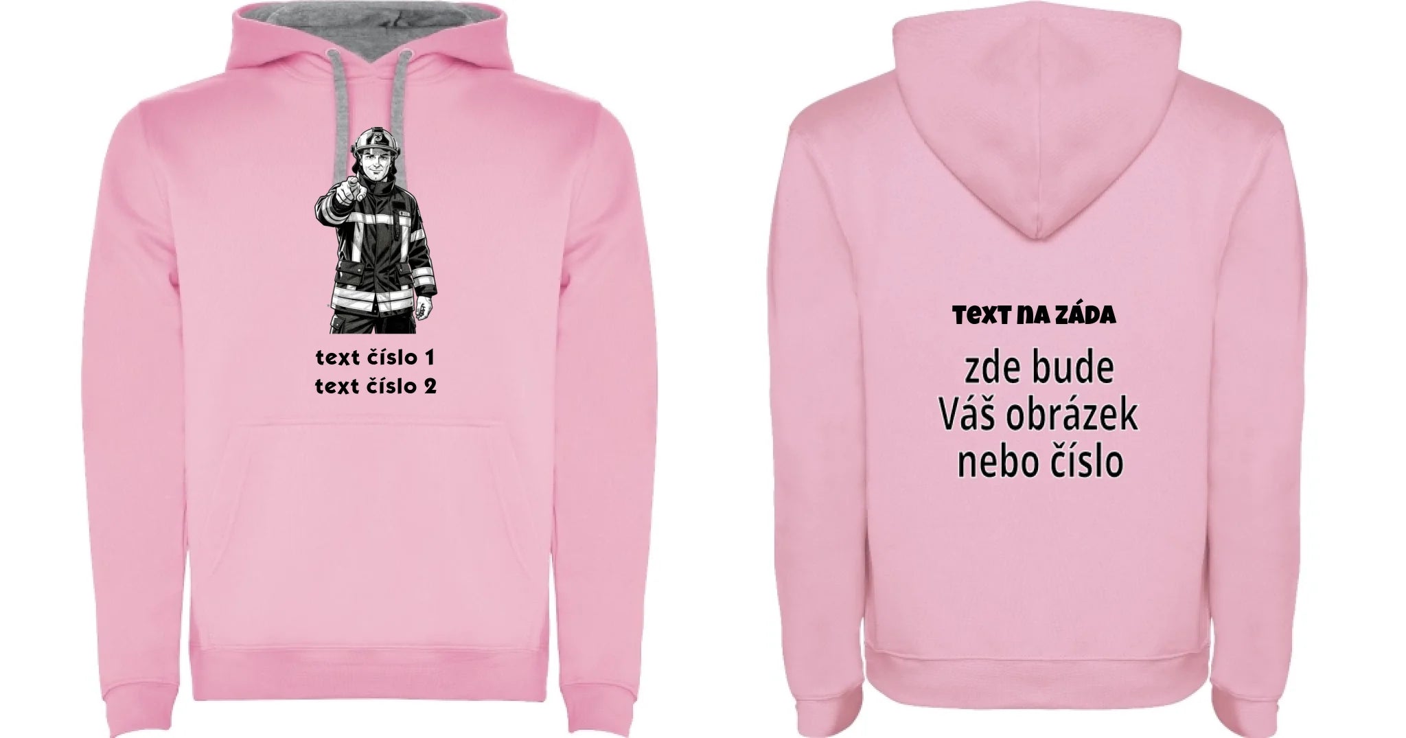 DĚTSKÁ MIKINA S KAPUCÍ s motivem HASIČI (výběr z 10+ obrázků, možnost doplnit vlastní texty) Potisk dopředu i na záda Růžová