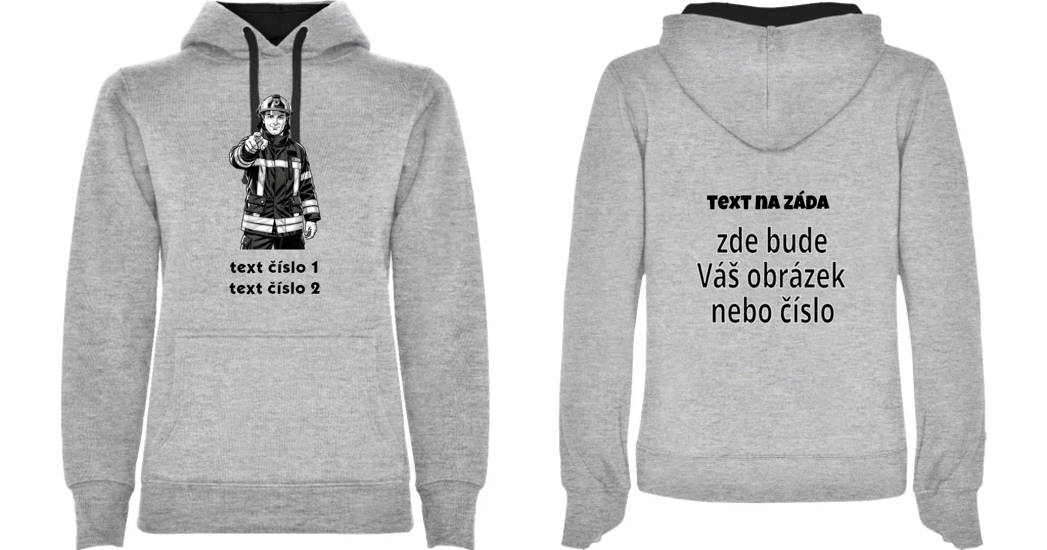 DĚTSKÁ MIKINA S KAPUCÍ s motivem HASIČI (výběr z 10+ obrázků, možnost doplnit vlastní texty) Potisk dopředu i na záda Melír černá