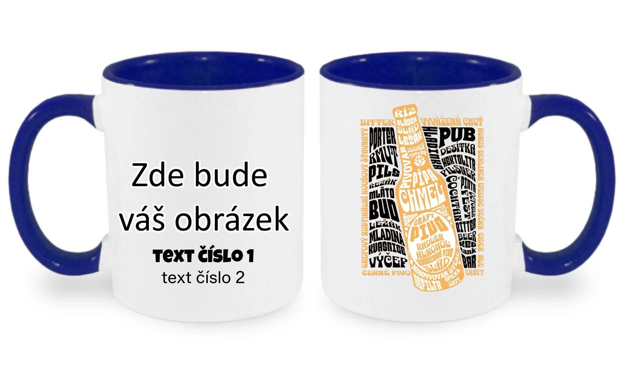 HRNÍČEK s motivem PIVO (výběr z 10+ motivů) oboustranný potisk hrníček Bílá modrá 330 ml
