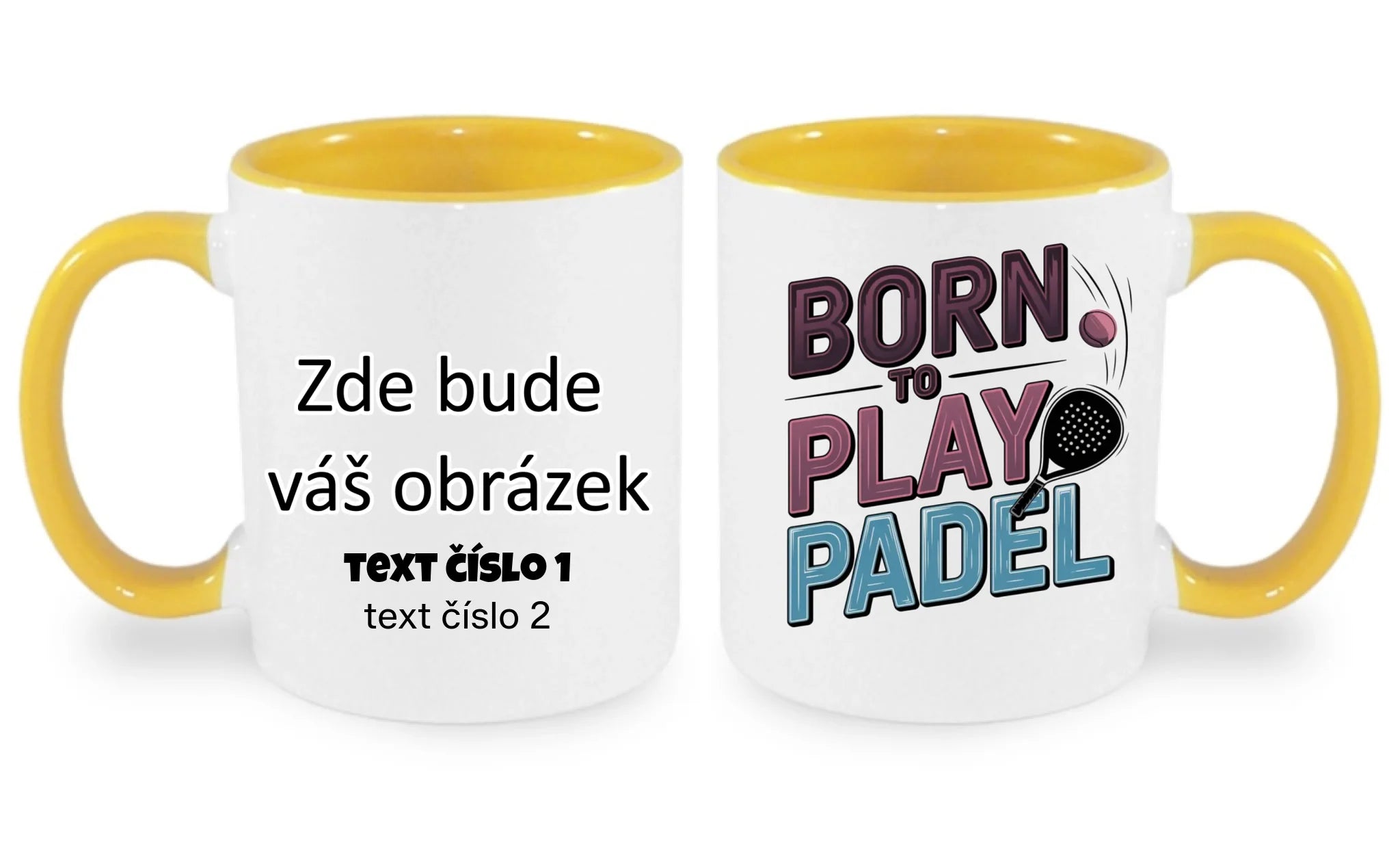 HRNÍČEK s motivem PADEL (výběr z 18+ potisků) oboustranný potisk hrníček Bílá žlutá 330 ml