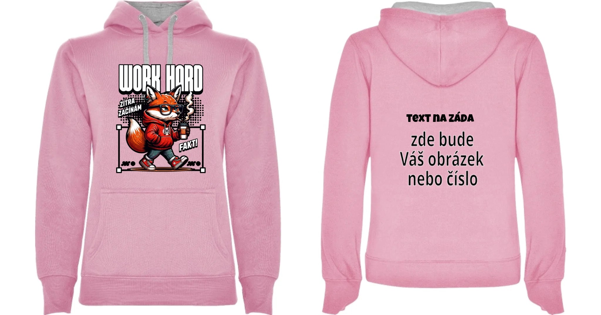 DÁMSKÁ MIKINA S KAPUCÍ s motivem PRÁCE (15+ potisků) oboustranný potisk dámská mikina URBAN Růžová melír