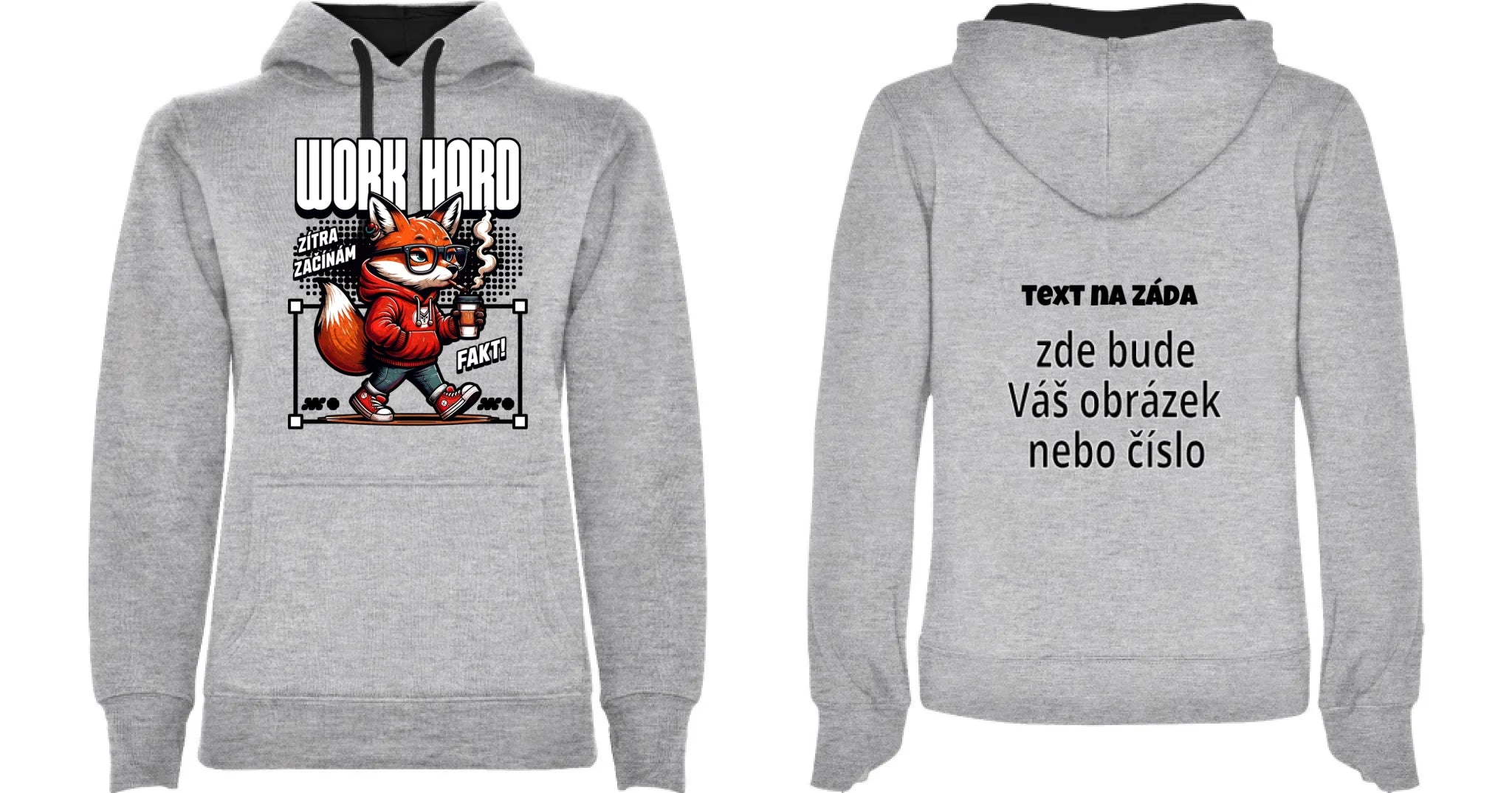 DÁMSKÁ MIKINA S KAPUCÍ s motivem PRÁCE (15+ potisků) oboustranný potisk dámská mikina URBAN Melír černá