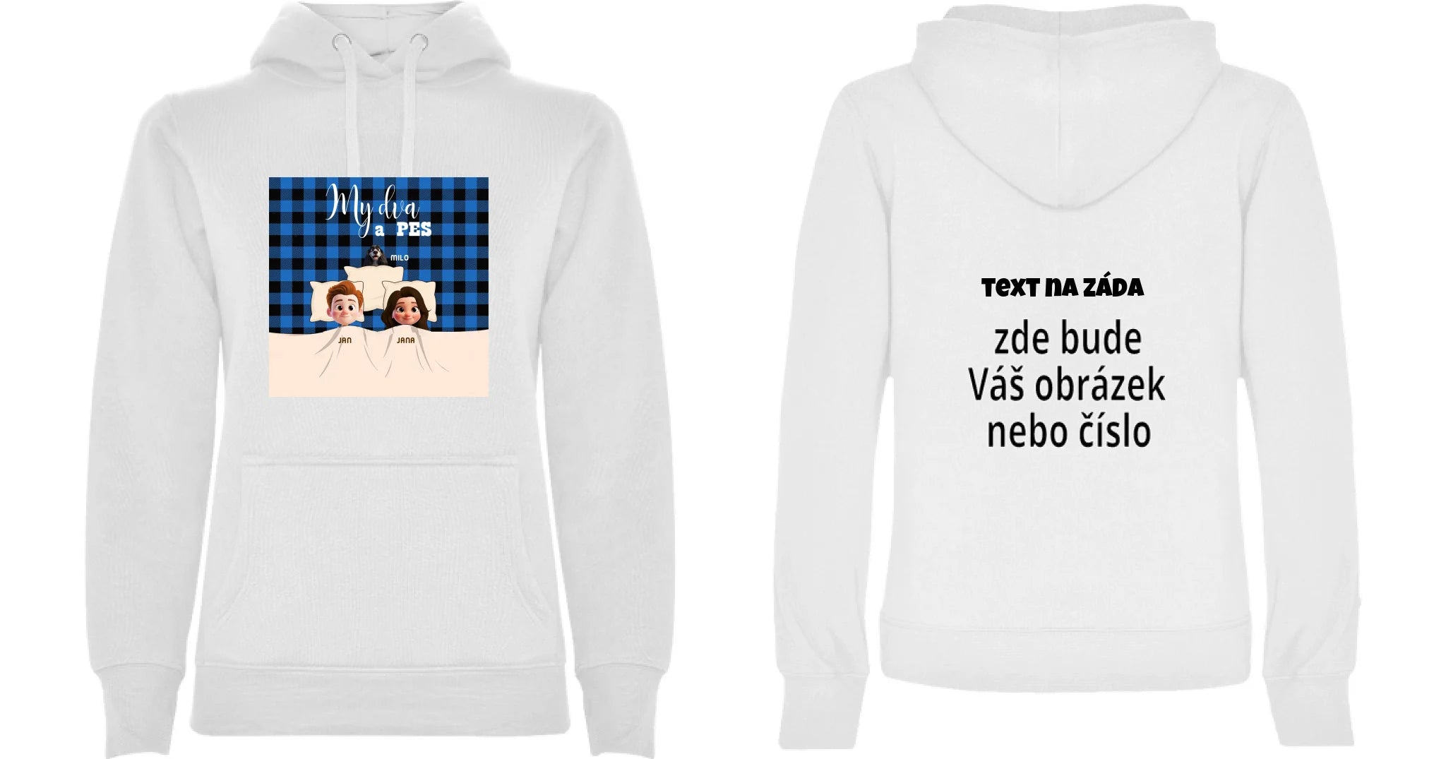 DÁMSKÁ MIKINA S KAPUCÍ s potiskem MY DVA A PES (přizpůsobte si motiv na míru) oboustranný potisk dámská mikina URBAN Bílá