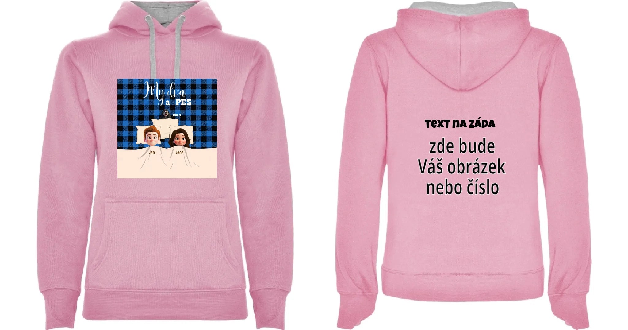 DÁMSKÁ MIKINA S KAPUCÍ s potiskem MY DVA A PES (přizpůsobte si motiv na míru) oboustranný potisk dámská mikina URBAN Růžová melír