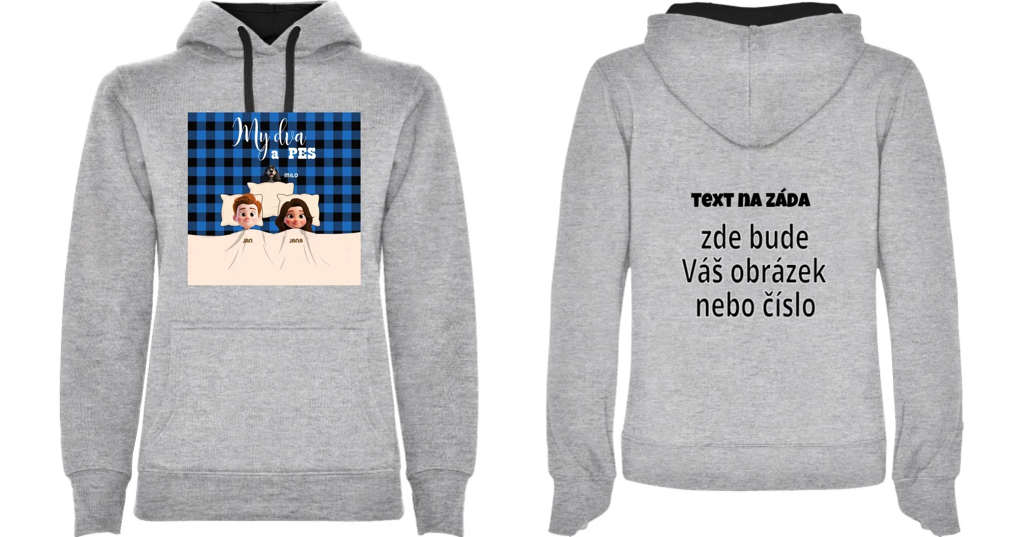 DÁMSKÁ MIKINA S KAPUCÍ s potiskem MY DVA A PES (přizpůsobte si motiv na míru) oboustranný potisk dámská mikina URBAN Melír černá