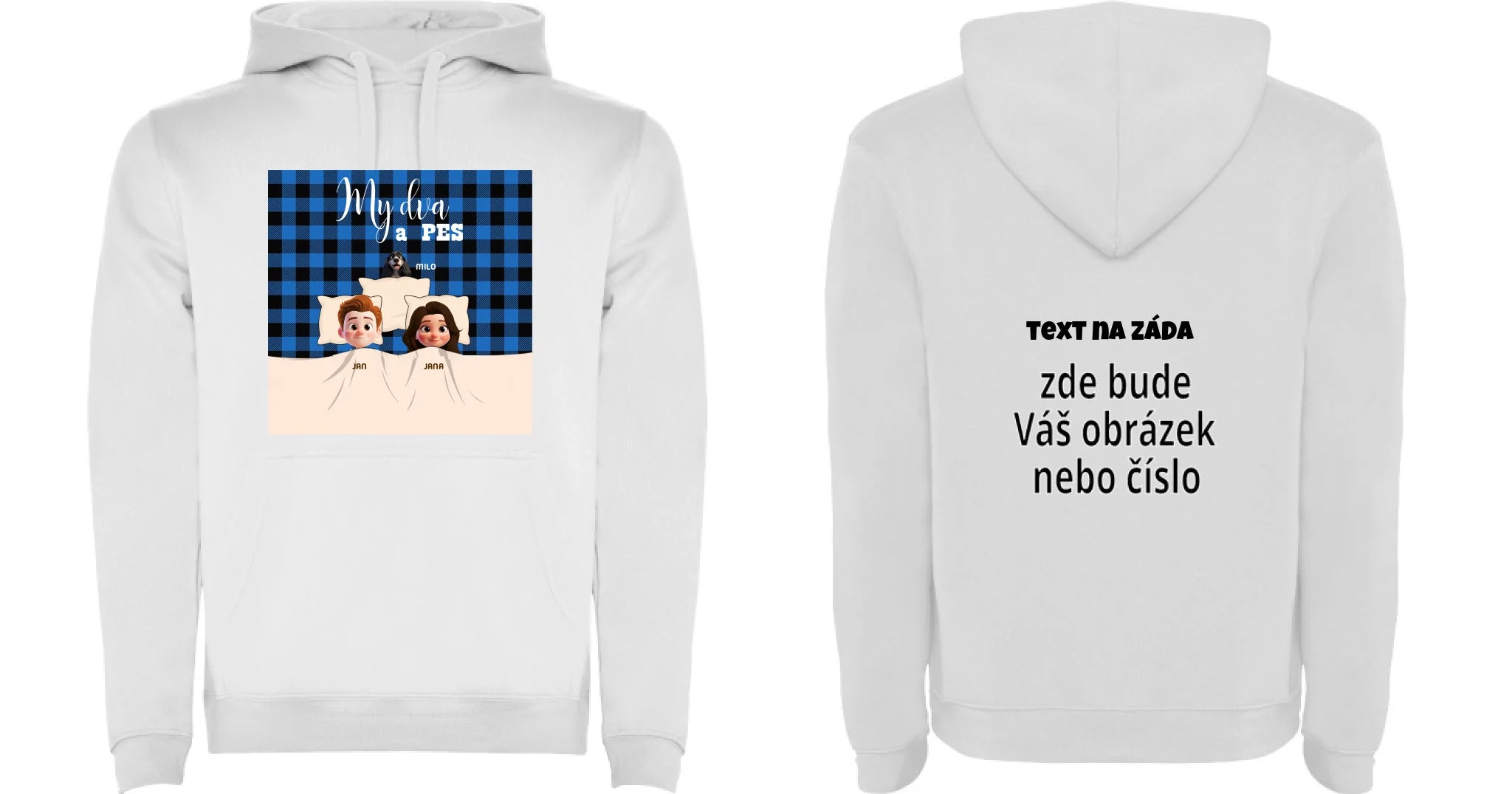 PÁNSKÁ MIKINA S KAPUCÍ s potiskem MY DVA A PES (přizpůsobte si motiv na míru) oboustranný potisk pánská mikina URBAN Bílá