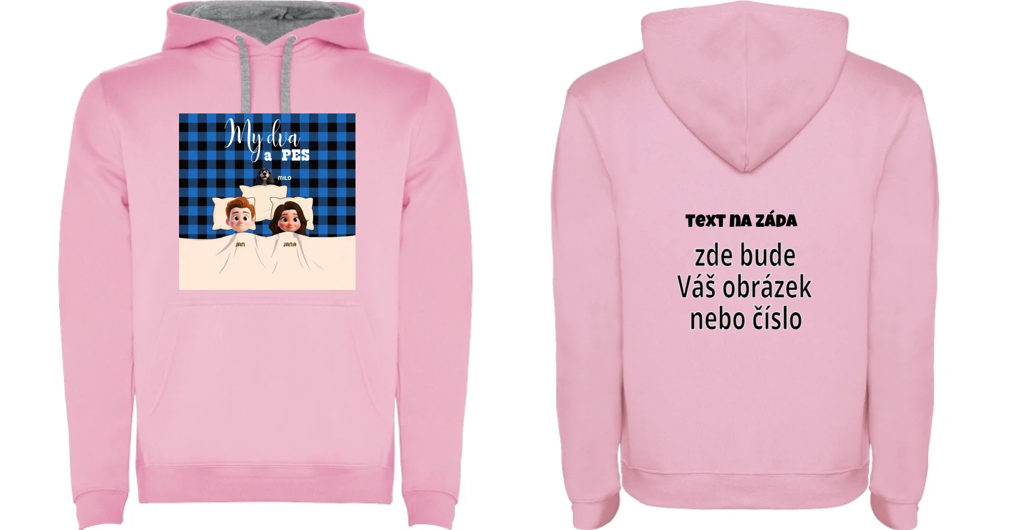 PÁNSKÁ MIKINA S KAPUCÍ s potiskem MY DVA A PES (přizpůsobte si motiv na míru) oboustranný potisk pánská mikina URBAN Růžová