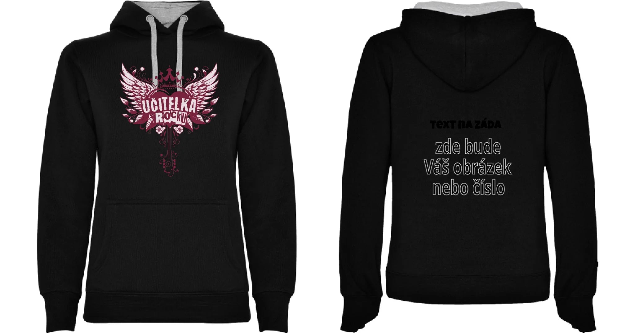 DÁMSKÁ MIKINA S KAPUCÍ s motivem UČITELKA (výběr z 17+ potisků) oboustranný potisk dámská mikina URBAN Černá melír