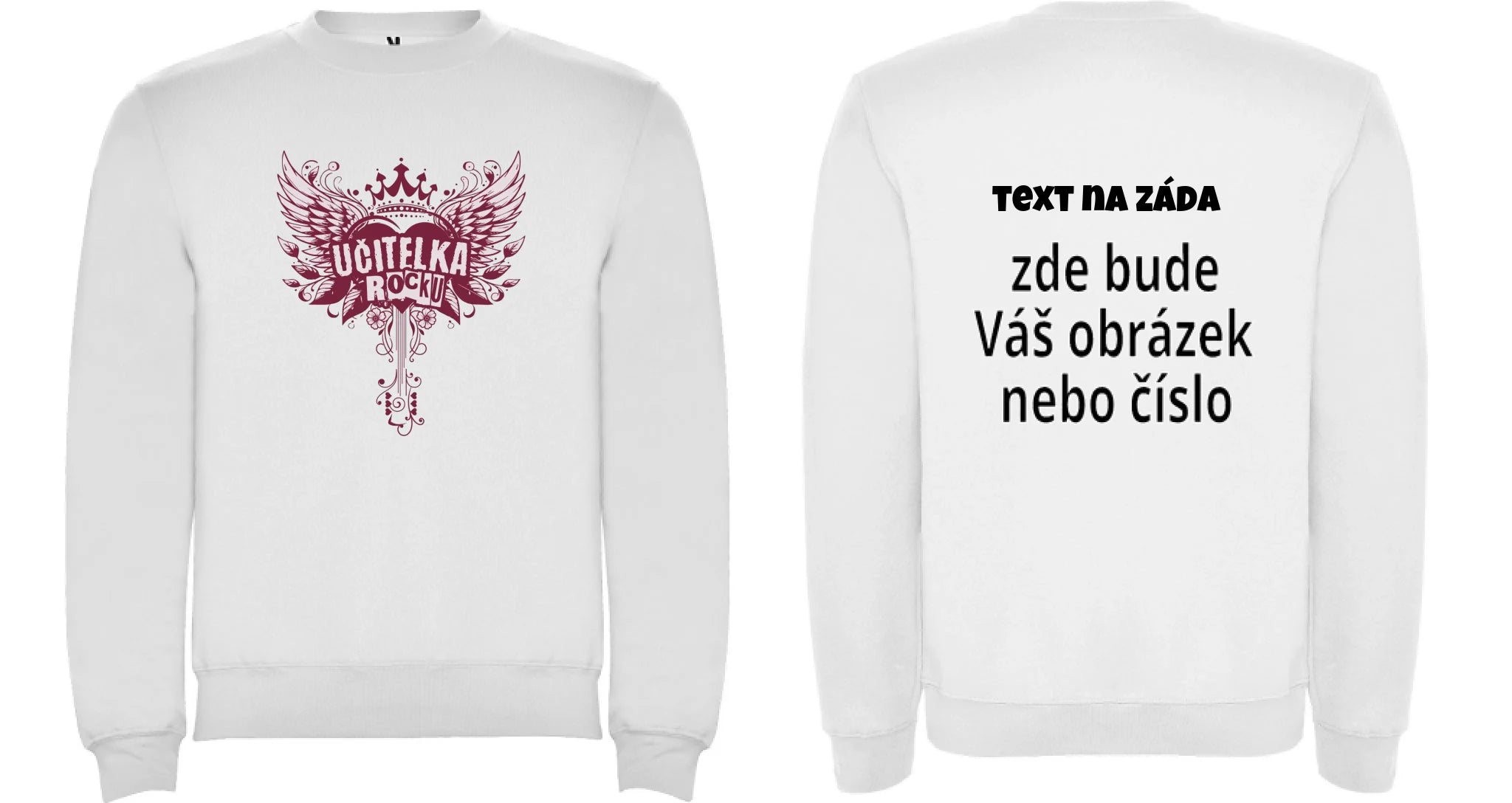 MIKINA BEZ KAPUCE s motivem UČITELKA (výběr z 17+ potisků) oboustranný potisk unisex mikina clasica Bílá