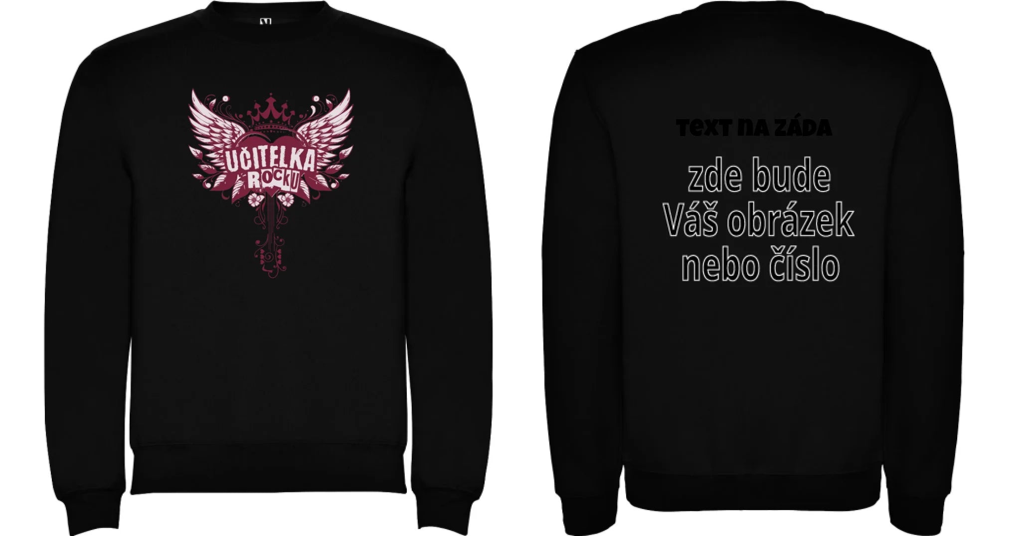 MIKINA BEZ KAPUCE s motivem UČITELKA (výběr z 17+ potisků) oboustranný potisk unisex mikina clasica Černá