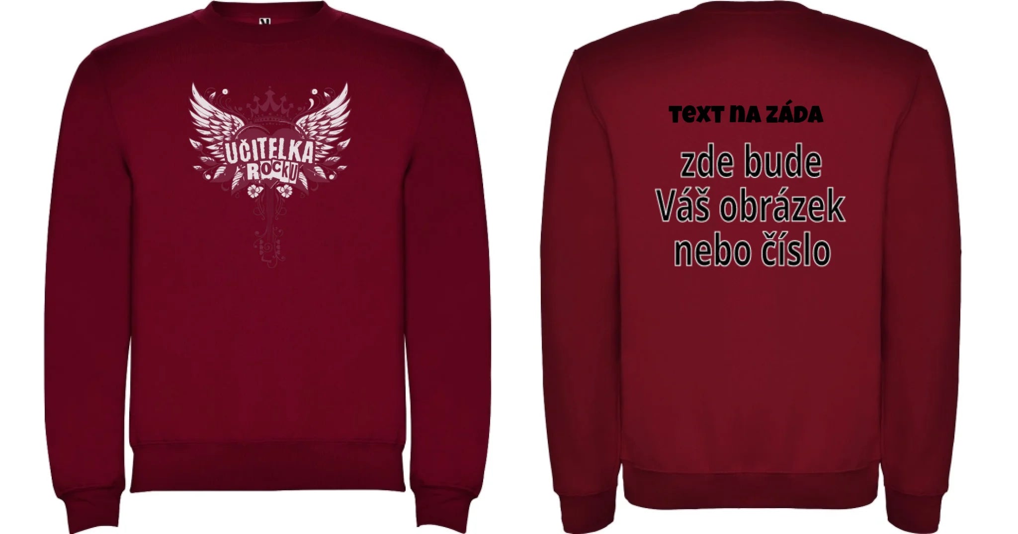 MIKINA BEZ KAPUCE s motivem UČITELKA (výběr z 17+ potisků) oboustranný potisk unisex mikina clasica Granátová