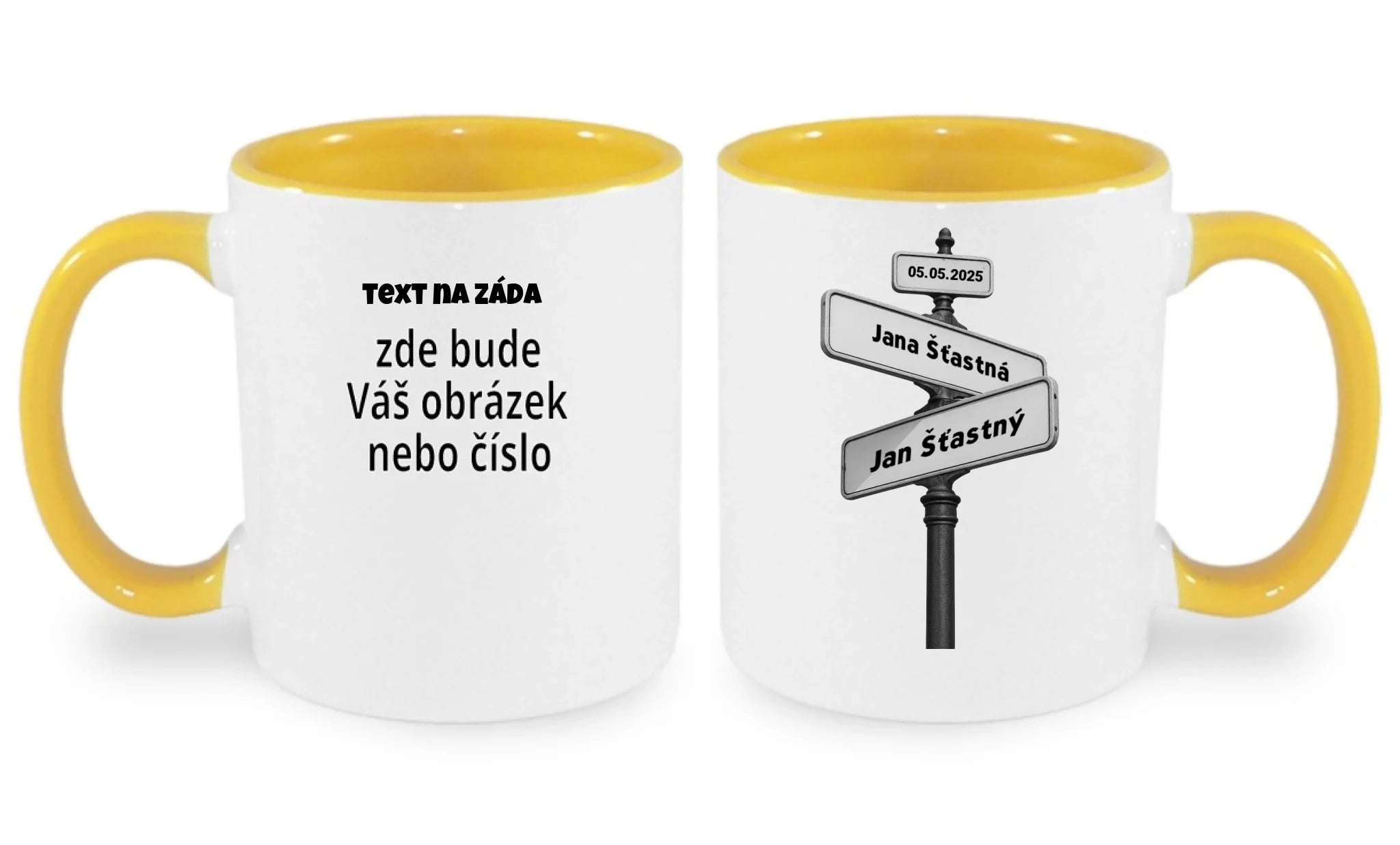 HRNÍČEK s motivem OD TOHO DNE JSME SPOLU (doplníte datum a jména) oboustranný potisk hrníček Bílá žlutá 330 ml