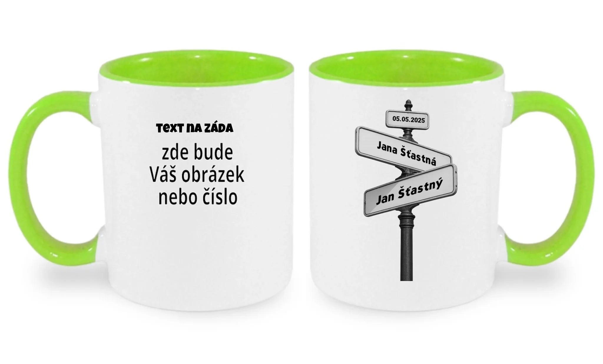 HRNÍČEK s motivem OD TOHO DNE JSME SPOLU (doplníte datum a jména) oboustranný potisk hrníček Bílá zelená 330 ml