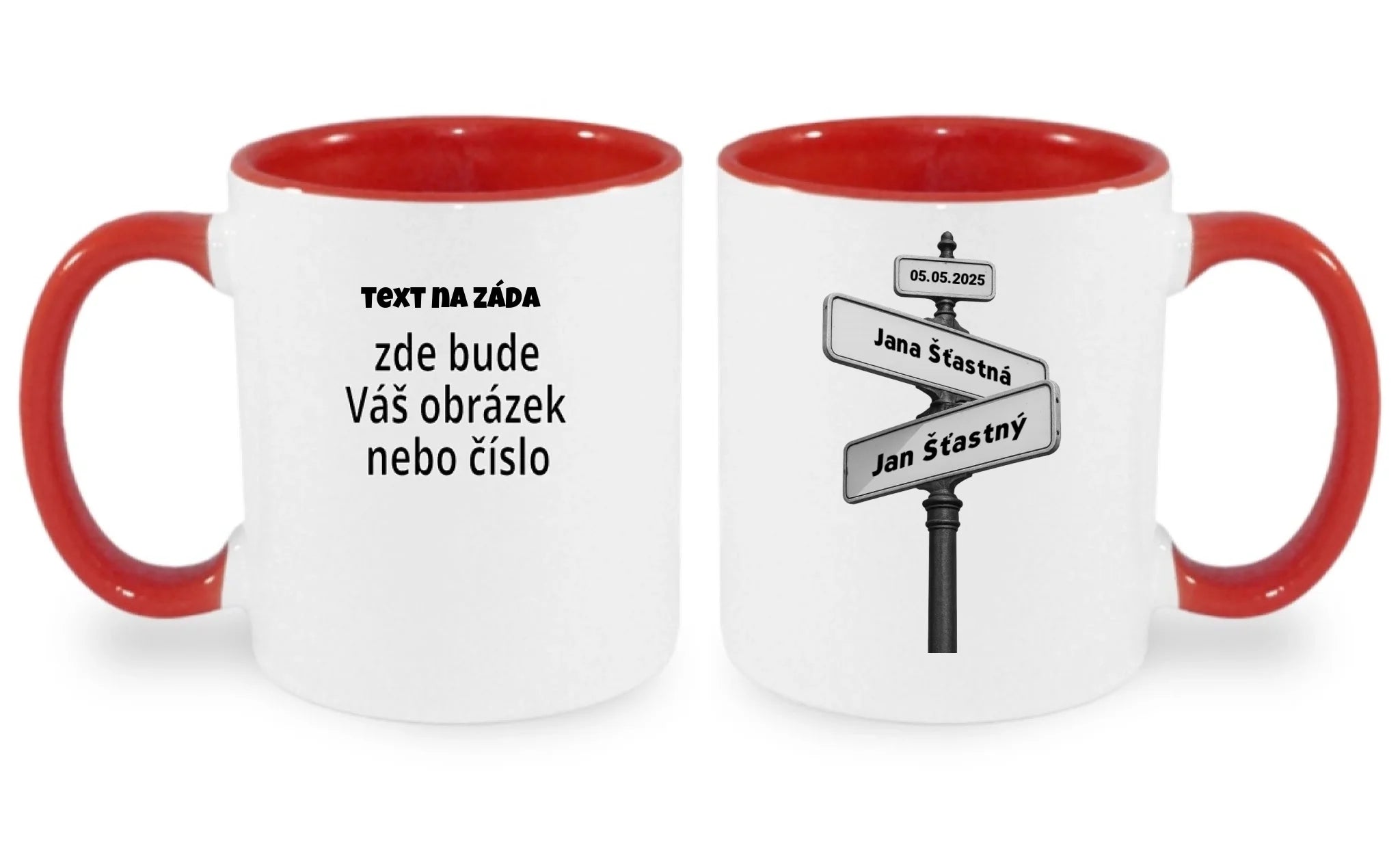 HRNÍČEK s motivem OD TOHO DNE JSME SPOLU (doplníte datum a jména) oboustranný potisk hrníček Bílá červená 330 ml