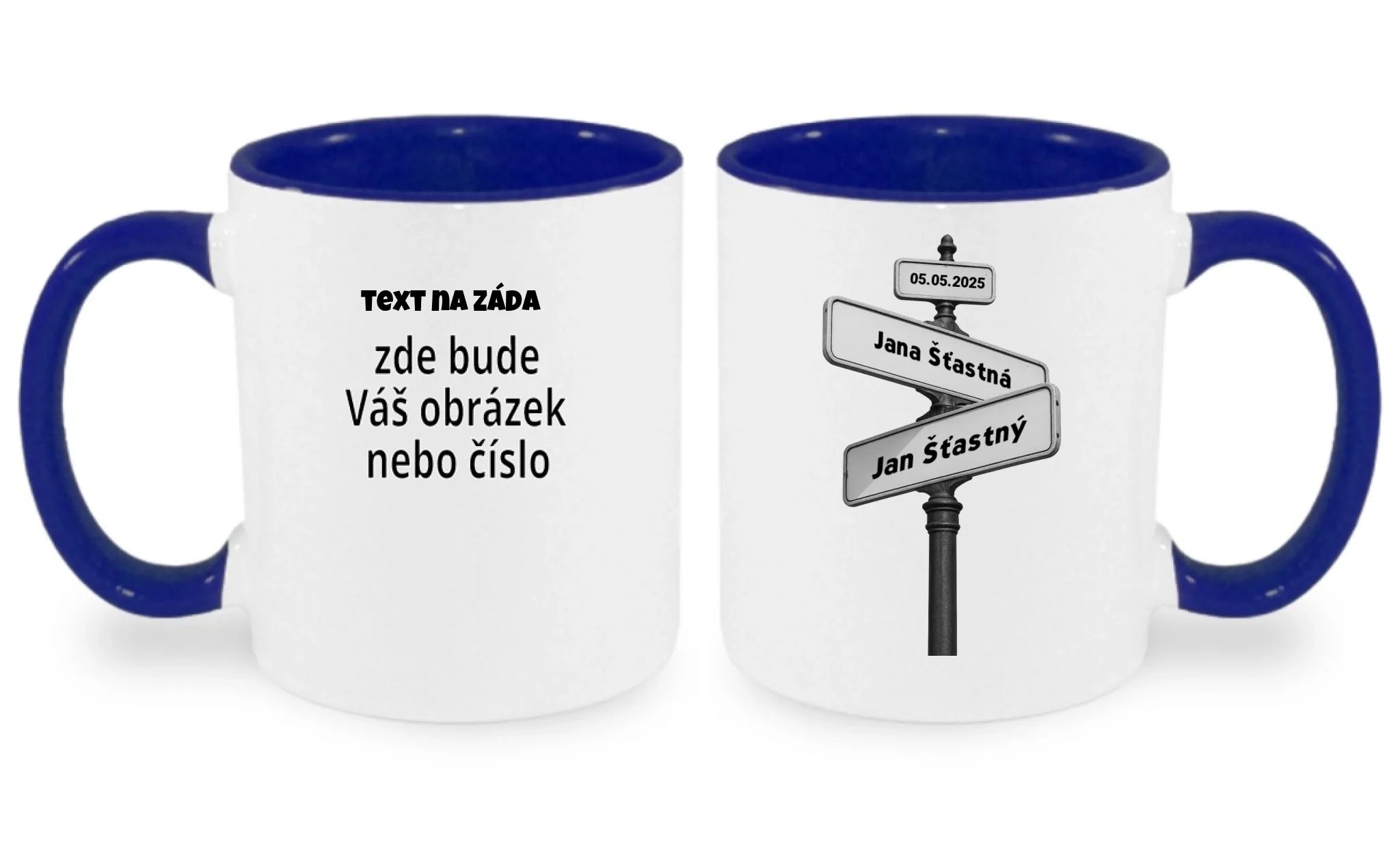 HRNÍČEK s motivem OD TOHO DNE JSME SPOLU (doplníte datum a jména) oboustranný potisk hrníček Bílá modrá 330 ml