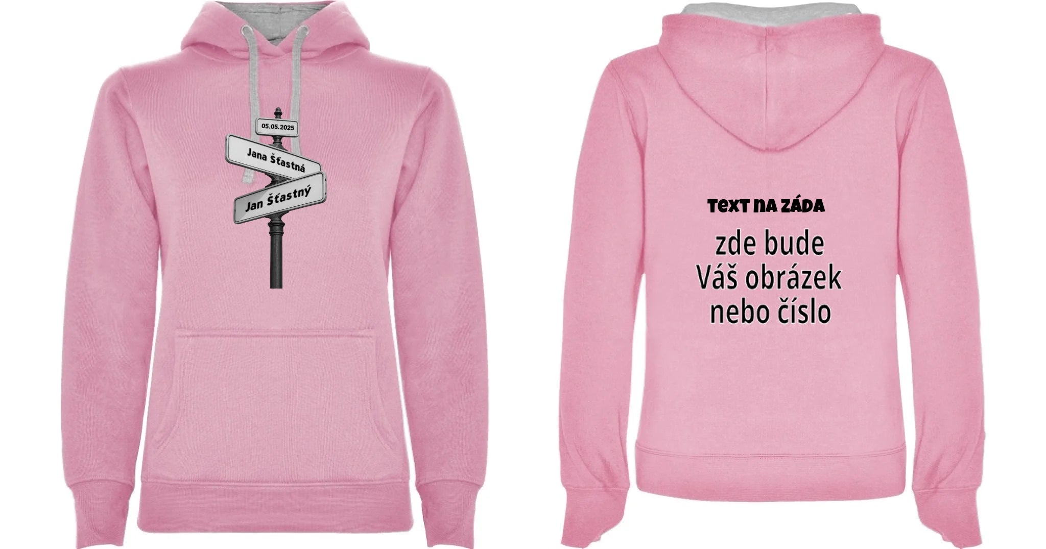 DÁMSKÁ MIKINA S KAPUCÍ s motivem OD TOHO DNE JSME SPOLU (doplníte datum a jména) oboustranný potisk dámská mikina URBAN Růžová melír