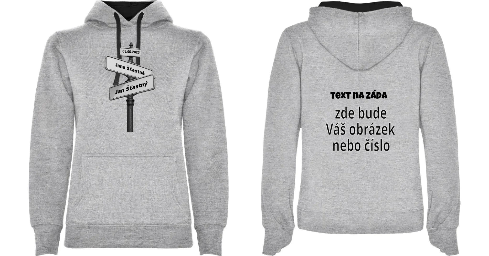DÁMSKÁ MIKINA S KAPUCÍ s motivem OD TOHO DNE JSME SPOLU (doplníte datum a jména) oboustranný potisk dámská mikina URBAN Melír černá