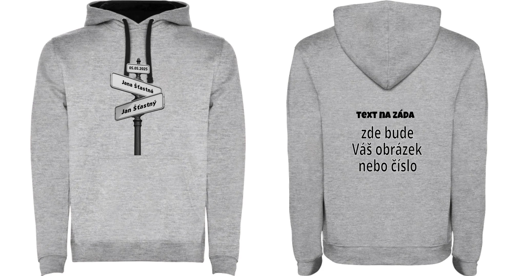 PÁNSKÁ MIKINA S KAPUCÍ s motivem OD TOHO DNE JSME SPOLU (doplníte datum a jména) oboustranný potisk pánská mikina URBAN Melír černá