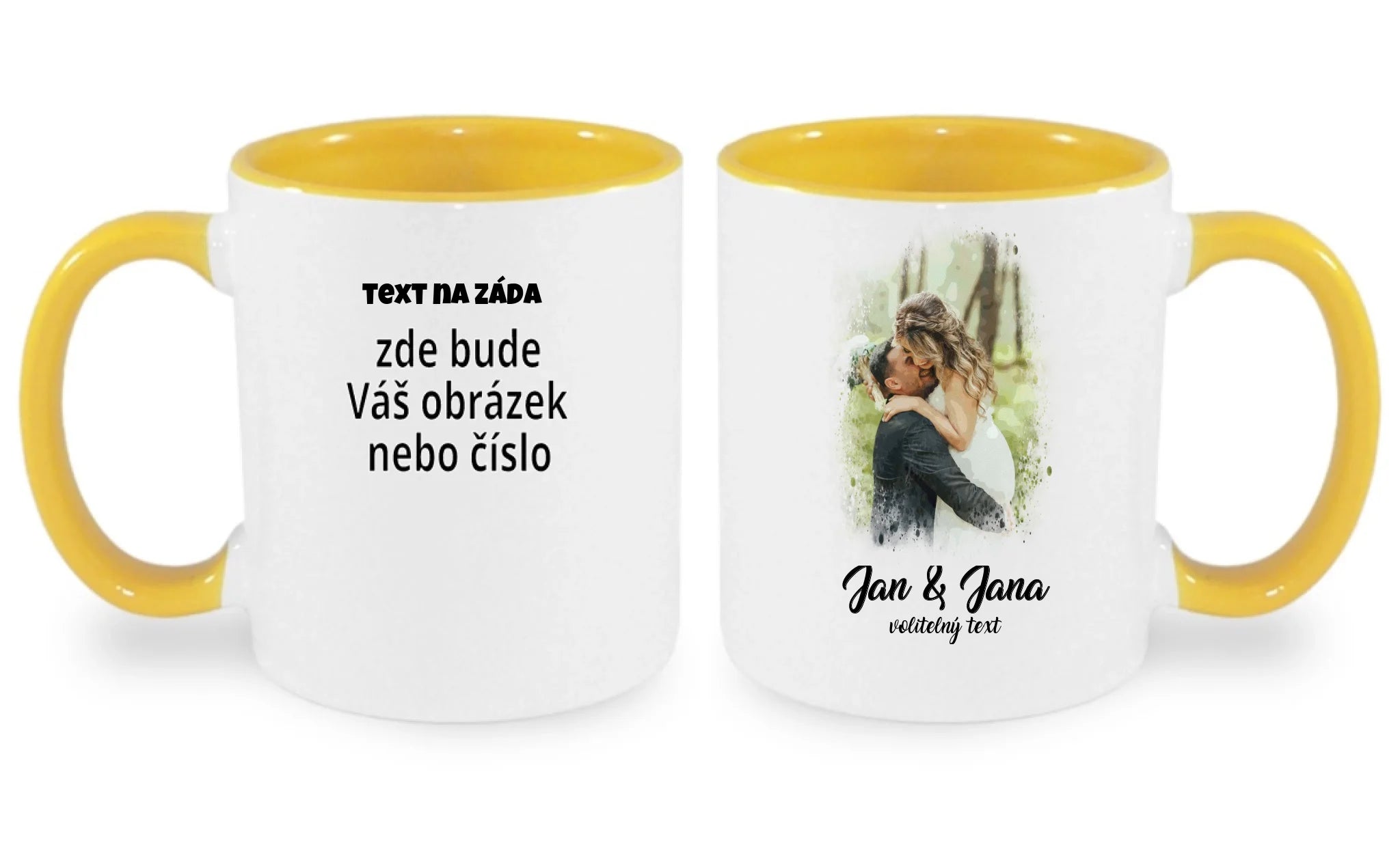 HRNÍČEK s motivem SVATBA (vložíte foto a texty) oboustranný potisk hrníček Bílá žlutá 330 ml