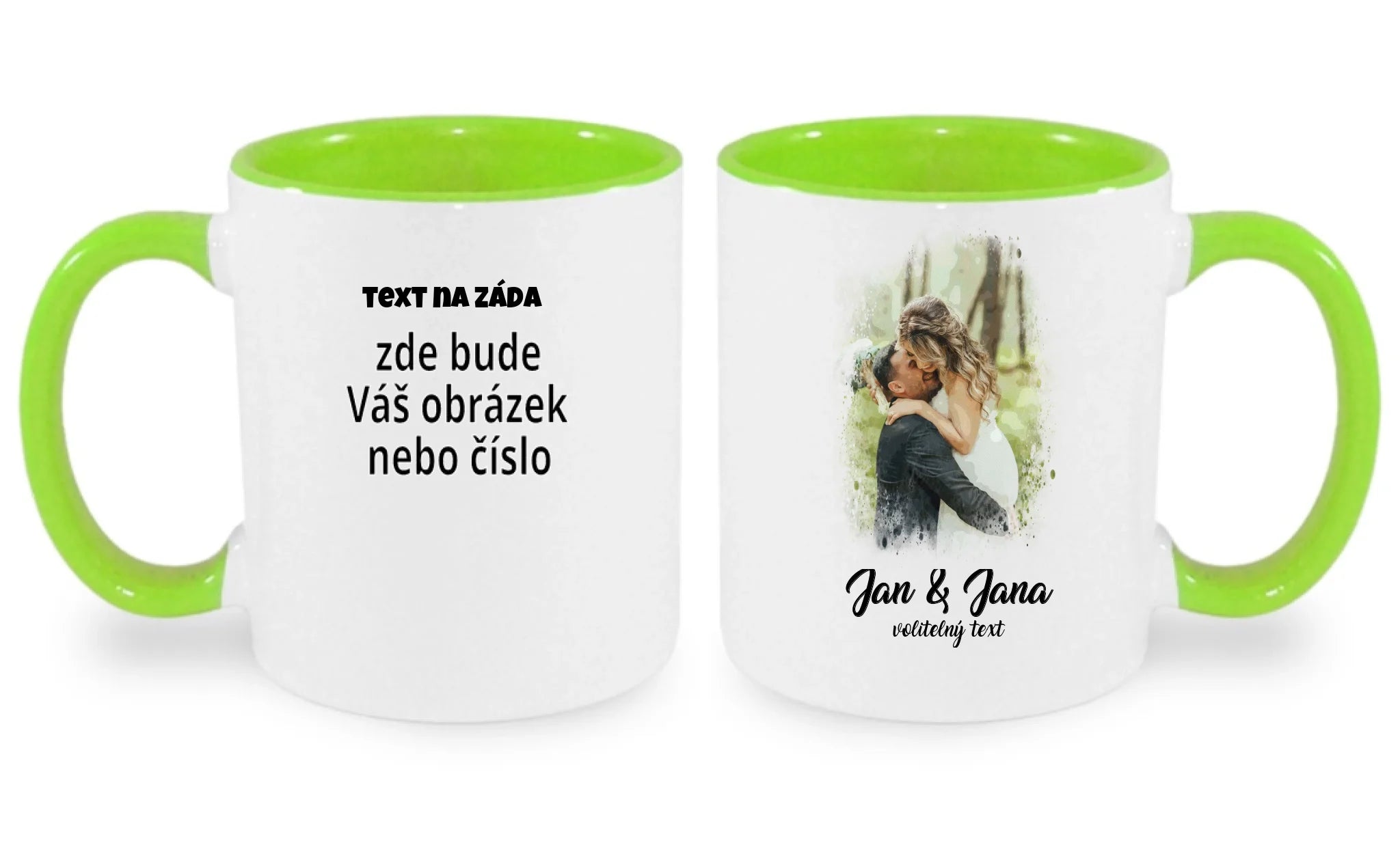 HRNÍČEK s motivem SVATBA (vložíte foto a texty) oboustranný potisk hrníček Bílá zelená 330 ml