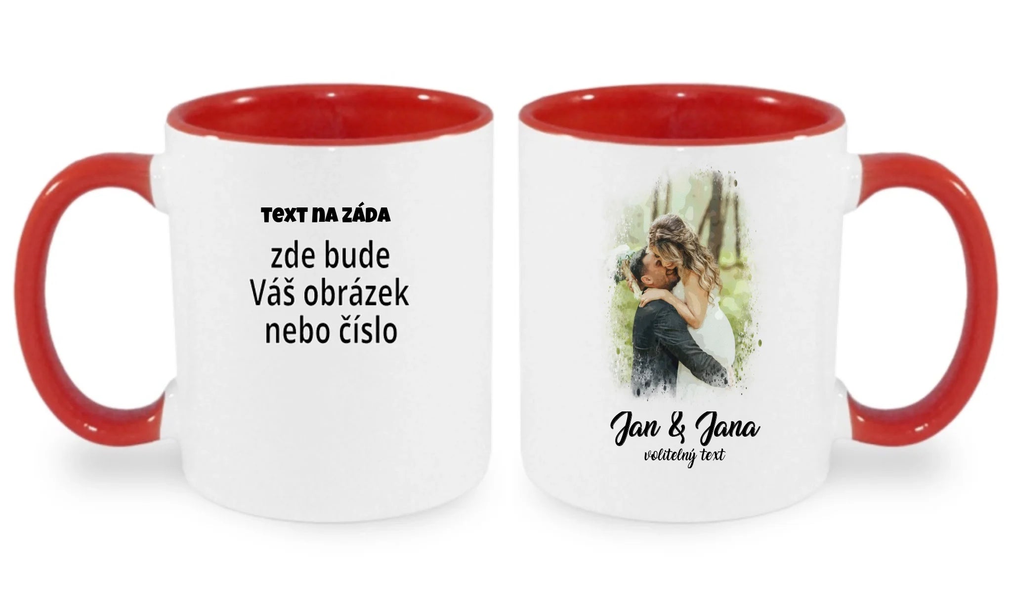 HRNÍČEK s motivem SVATBA (vložíte foto a texty) oboustranný potisk hrníček Bílá červená 330 ml