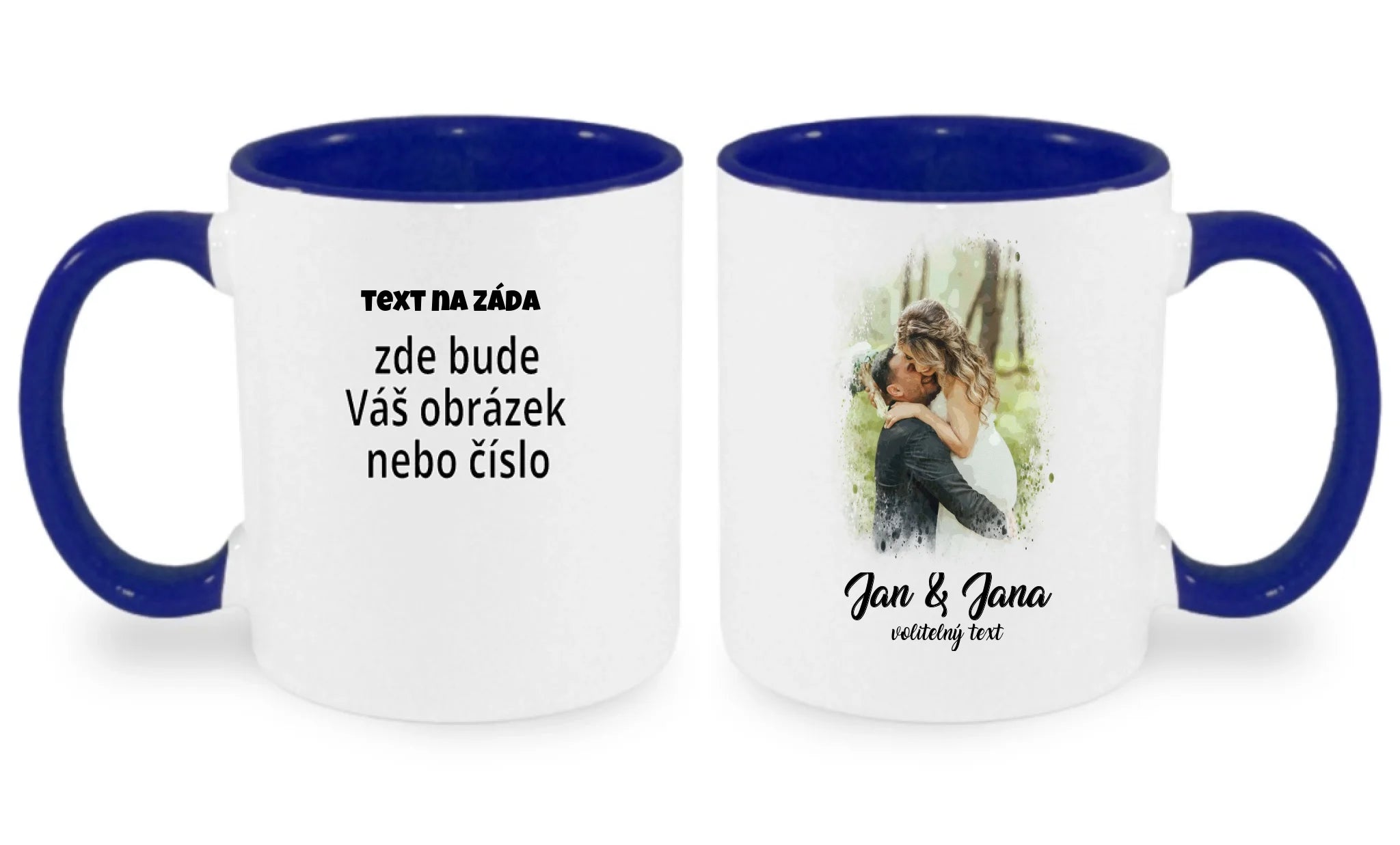 HRNÍČEK s motivem SVATBA (vložíte foto a texty) oboustranný potisk hrníček Bílá modrá 330 ml