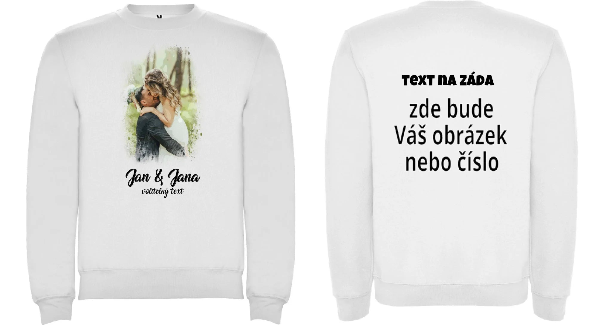 MIKINA BEZ KAPUCE UNISEX s motivem SVATBA (vložíte foto a texty) oboustranný potisk unisex mikina clasica Bílá