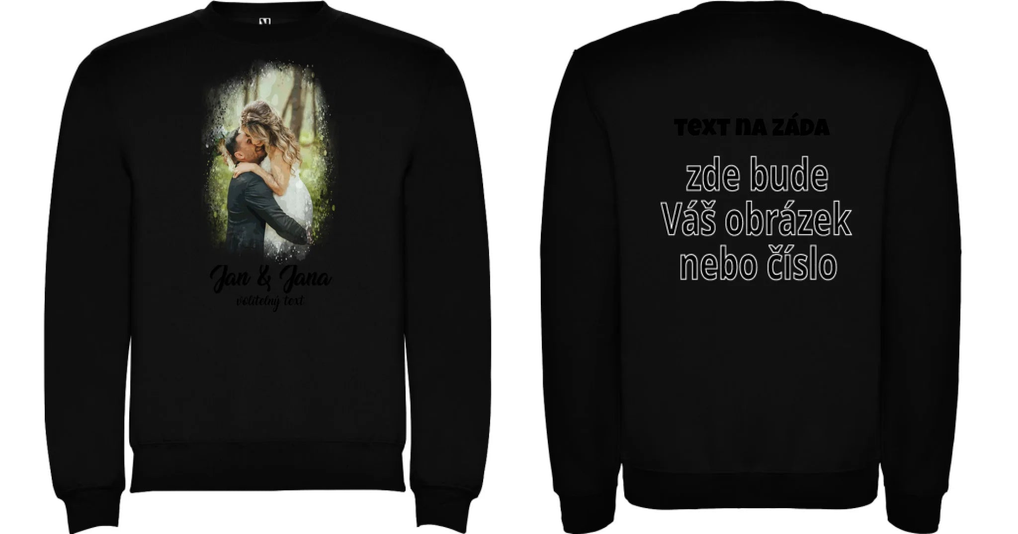 MIKINA BEZ KAPUCE UNISEX s motivem SVATBA (vložíte foto a texty) oboustranný potisk unisex mikina clasica Černá