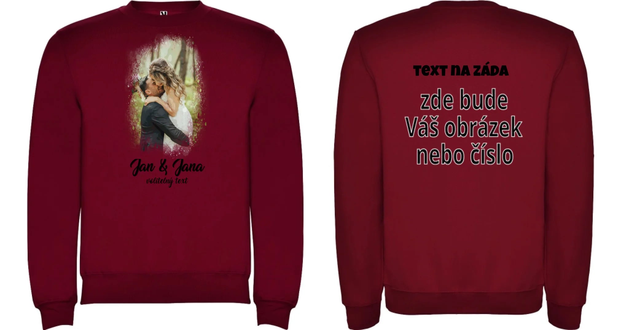 MIKINA BEZ KAPUCE UNISEX s motivem SVATBA (vložíte foto a texty) oboustranný potisk unisex mikina clasica Granátová
