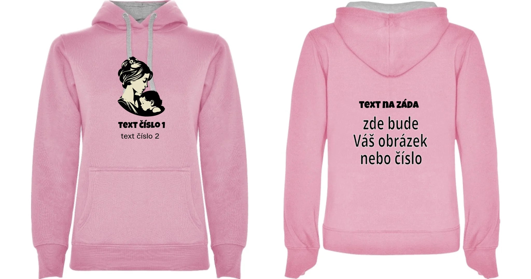 DÁMSKÁ MIKINA S KAPUCÍ s motivem NEJ MÁMA (výběr z 10+ obrázků, možnost doplnit vlastní texty) oboustranný potisk dámská mikina URBAN Růžová melír