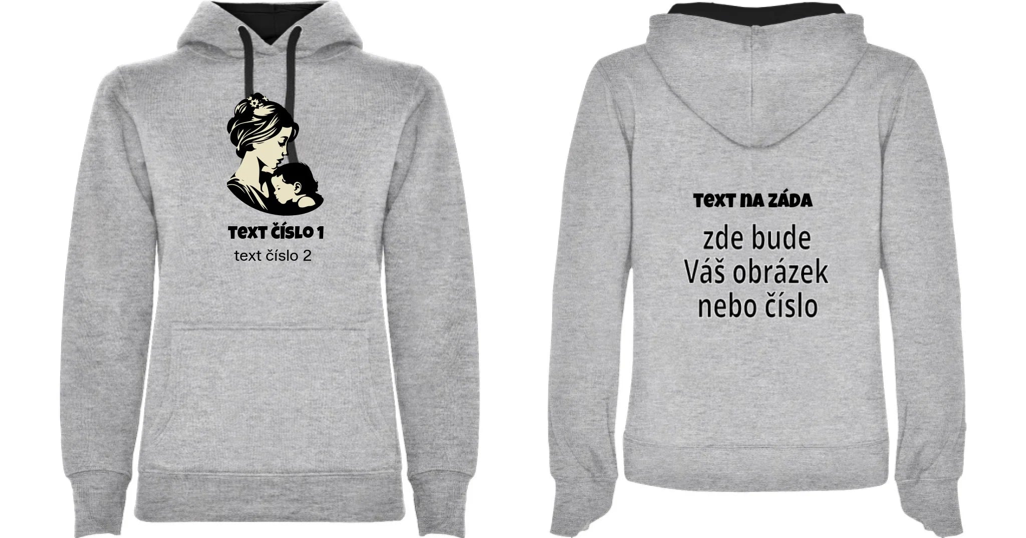 DÁMSKÁ MIKINA S KAPUCÍ s motivem NEJ MÁMA (výběr z 10+ obrázků, možnost doplnit vlastní texty) oboustranný potisk dámská mikina URBAN Melír černá