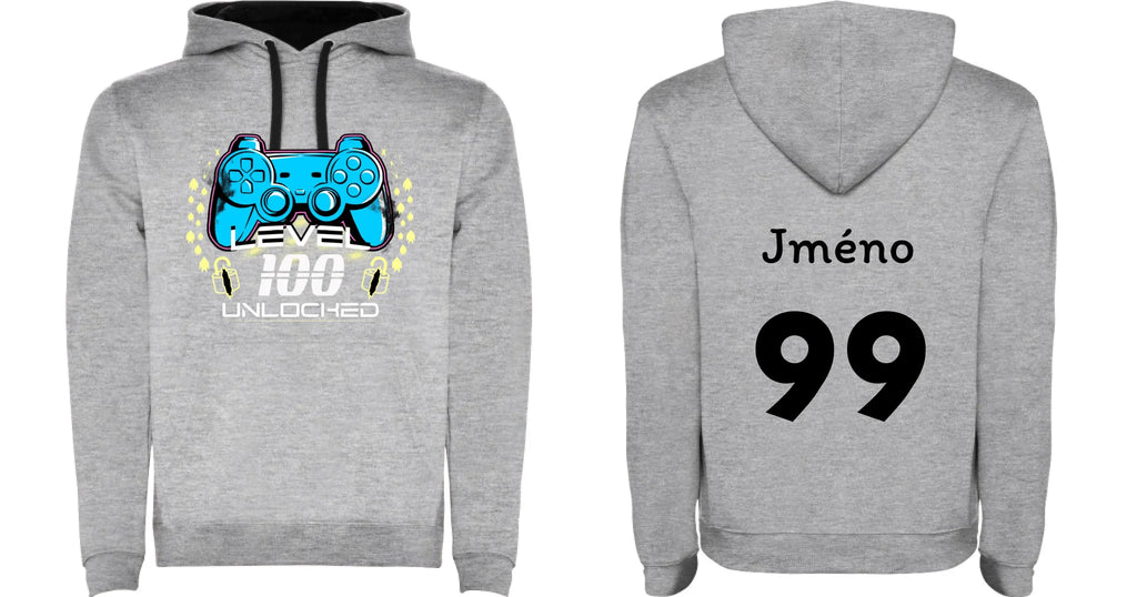 PÁNSKÁ MIKINA S KAPUCÍ s motivem NAROZENINY LEVEL UNLOCKED (vložíte věk)