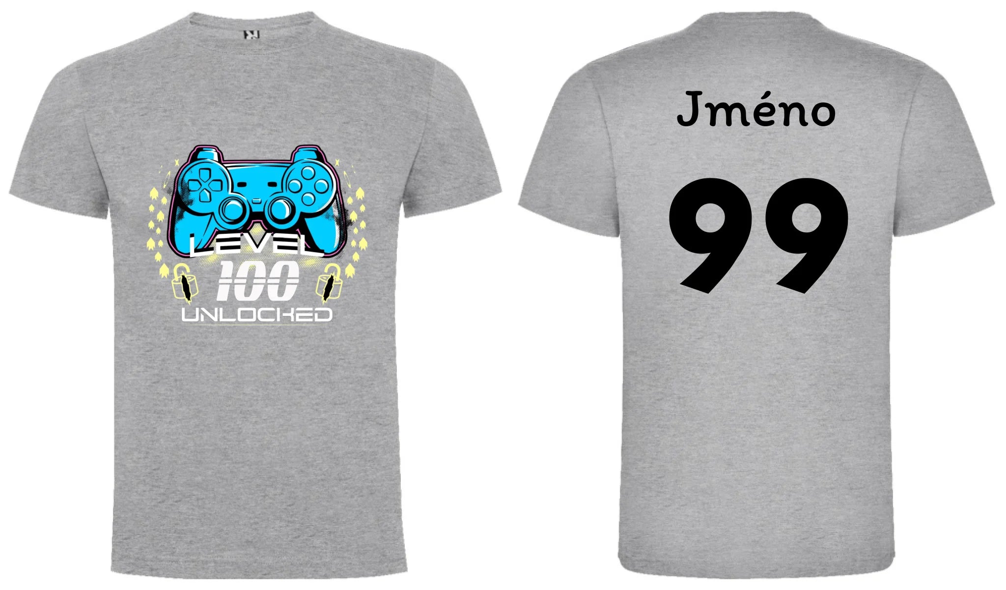 CHLAPECKÉ TRIČKO s motivem NAROZENINY LEVEL UNLOCKED (vložíte věk) oboustranný potisk chlapecké DOGO Melír