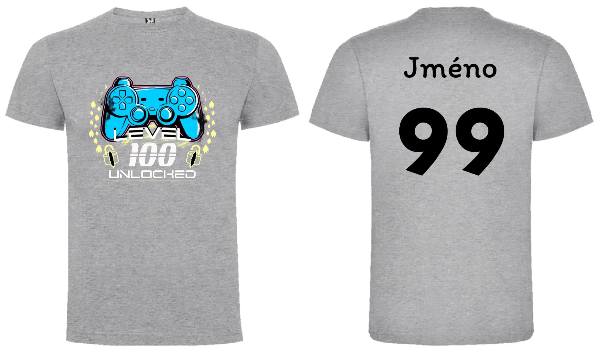 PÁNSKÉ TRIČKO s motivem NAROZENINY LEVEL UNLOCKED (vložíte věk) oboustranný potisk pánské DOGO Melír