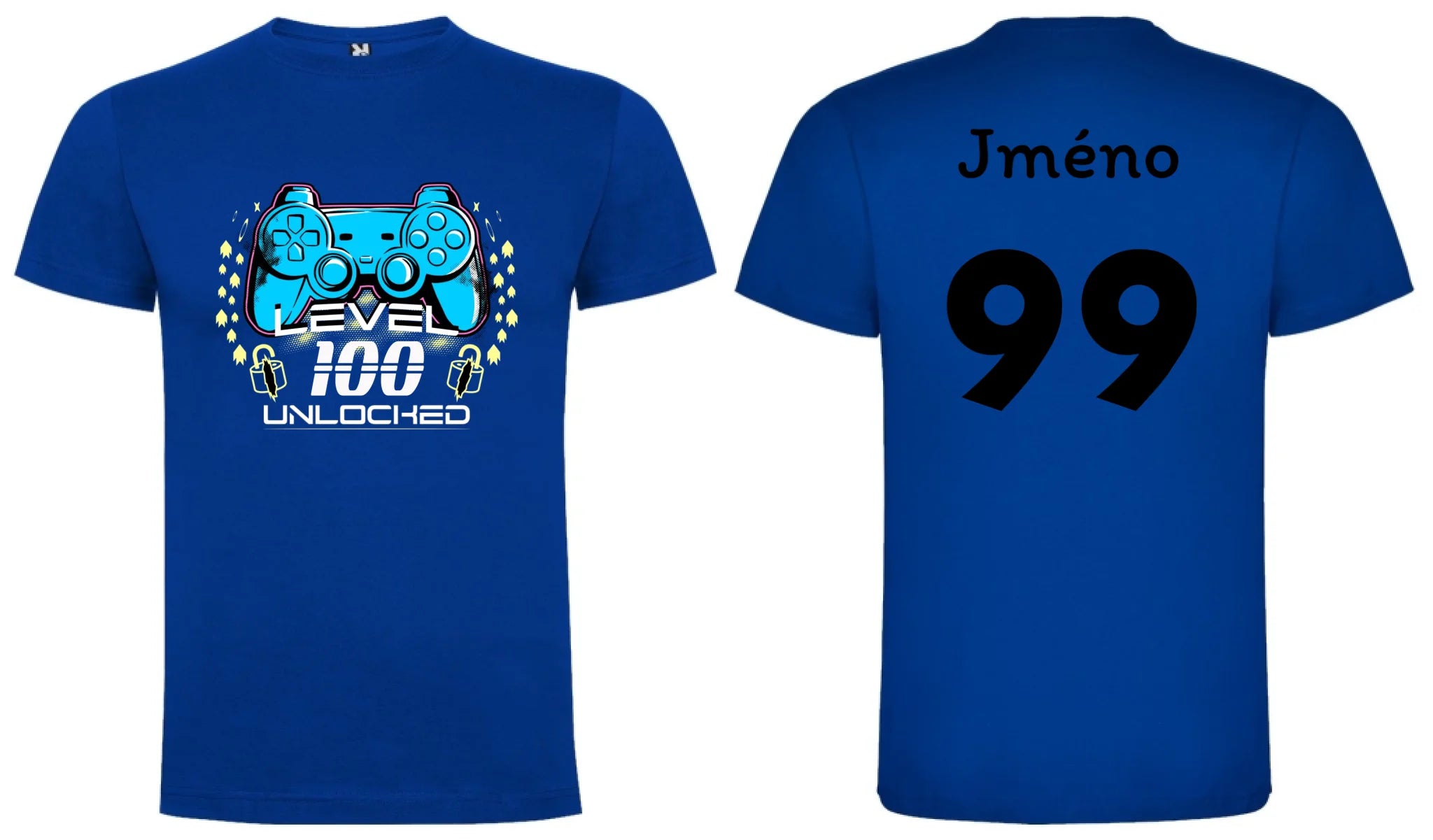 PÁNSKÉ TRIČKO s motivem NAROZENINY LEVEL UNLOCKED (vložíte věk) oboustranný potisk pánské DOGO Modrá