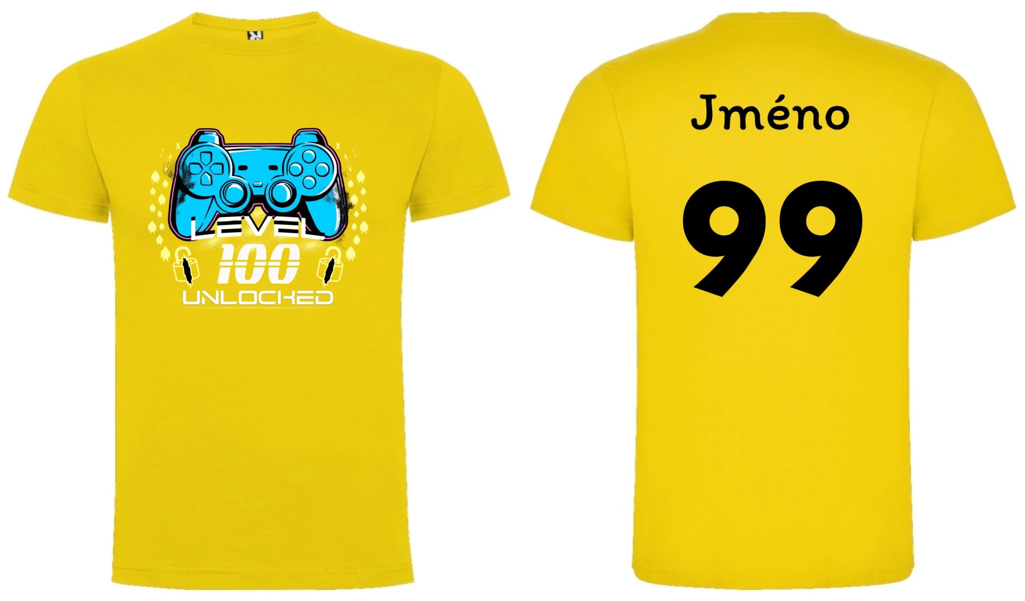 PÁNSKÉ TRIČKO s motivem NAROZENINY LEVEL UNLOCKED (vložíte věk) oboustranný potisk pánské DOGO Žlutá
