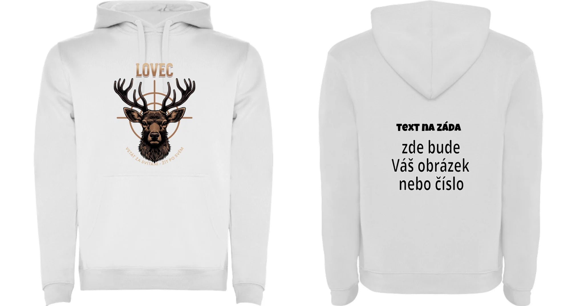 MIKINA S KAPUCÍ s motivem MYSLIVOST LOVEC (výběr z 5+ motivů) oboustranný potisk pánská mikina URBAN Bílá