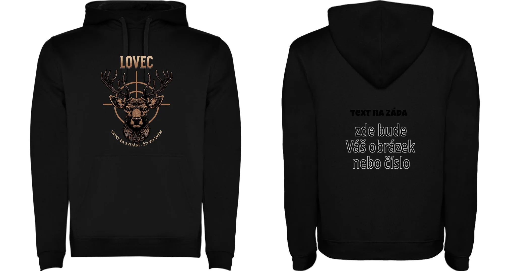 MIKINA S KAPUCÍ s motivem MYSLIVOST LOVEC (výběr z 5+ motivů) oboustranný potisk pánská mikina URBAN Černá