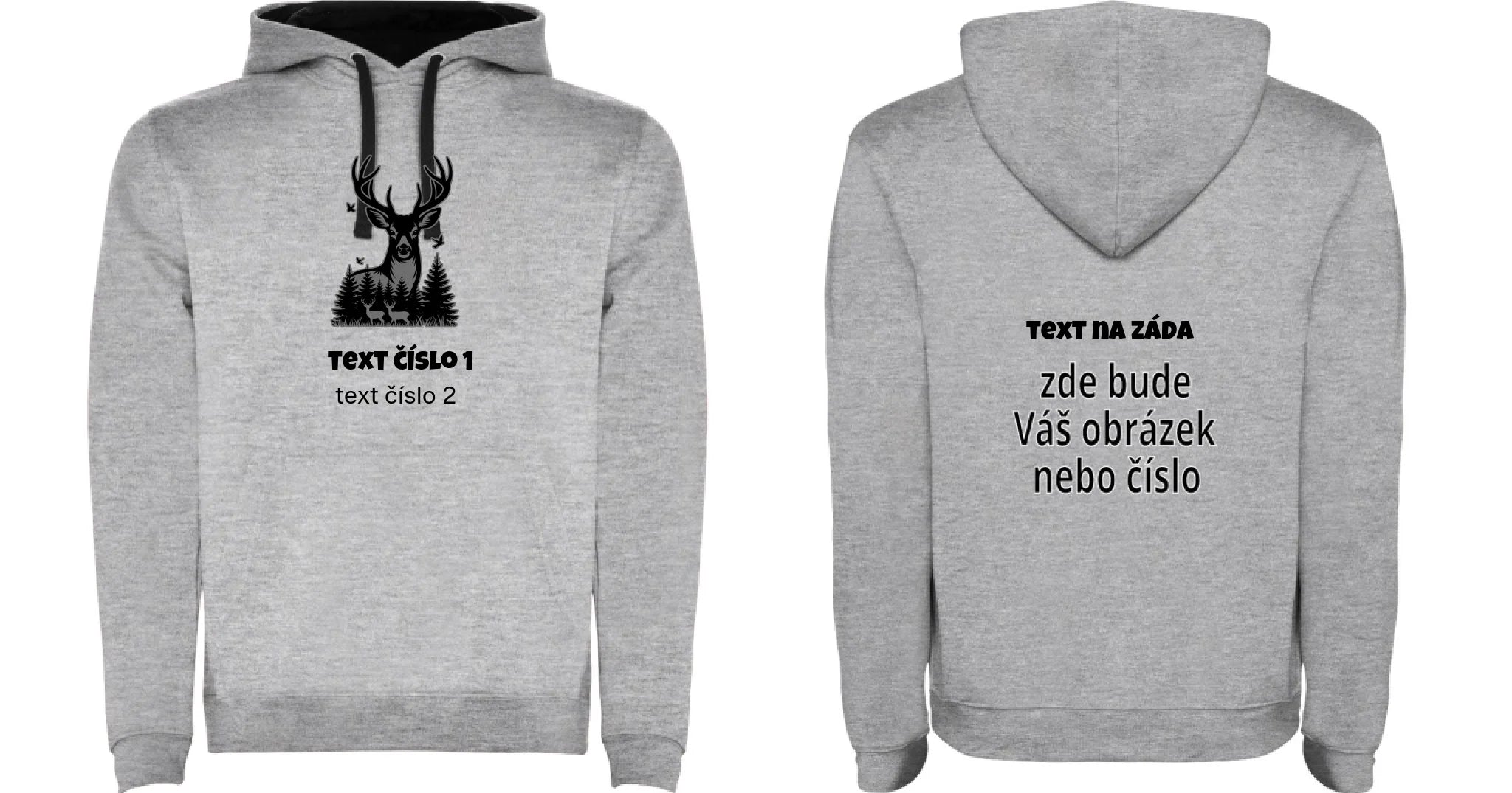 PÁNSKÁ MIKINA S KAPUCÍ s motivem MYSLIVOST (výběr z 10+ obrázků, možnost doplnit vlastní texty) oboustranný potisk pánská mikina URBAN Melír černá