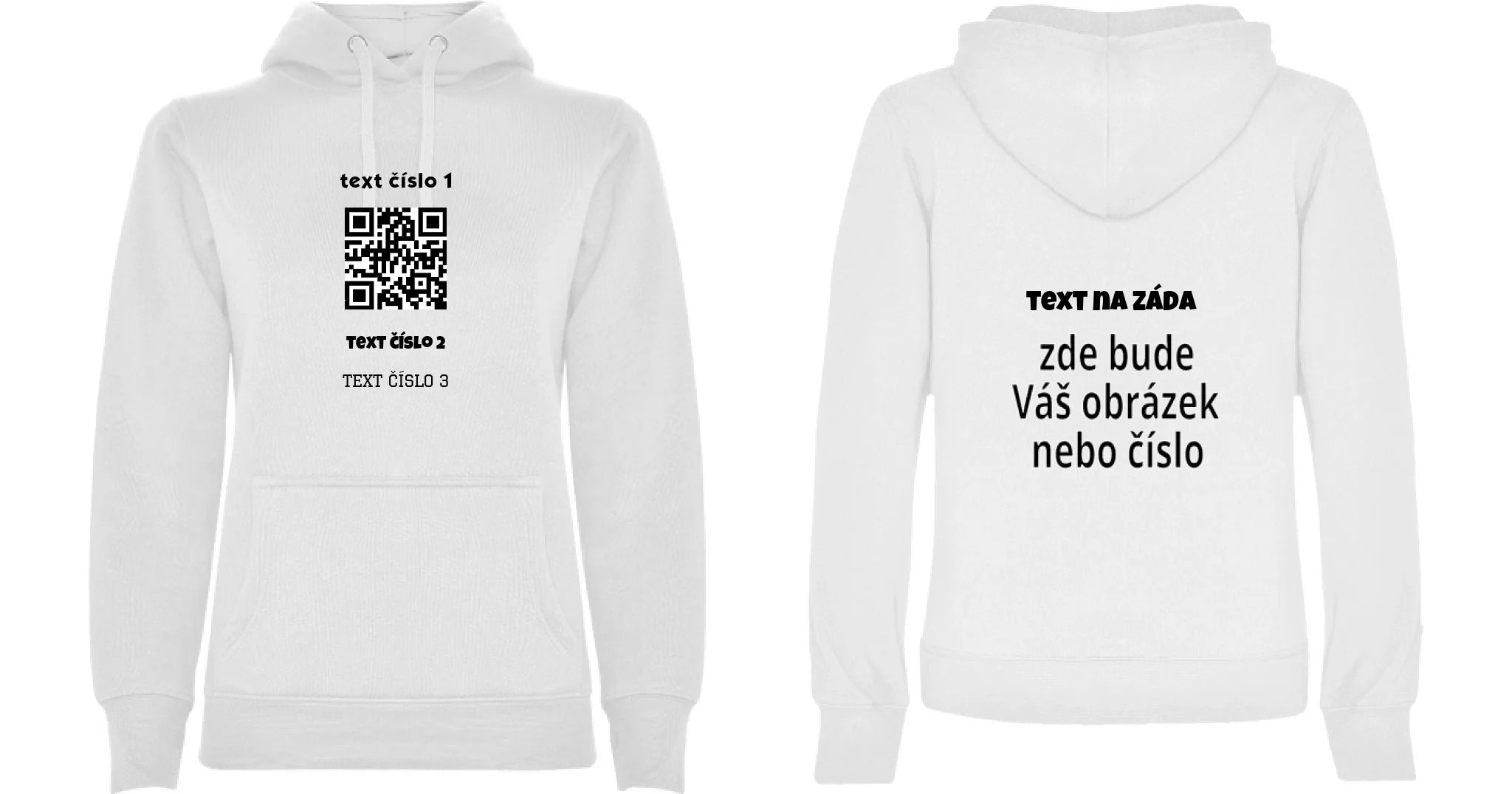 DÁMSKÁ MIKINA S KAPUCÍ s motivem QR KÓD (vložíte url adresu, můžete vložit vlastní texty) oboustranný potisk dámská mikina URBAN Bílá