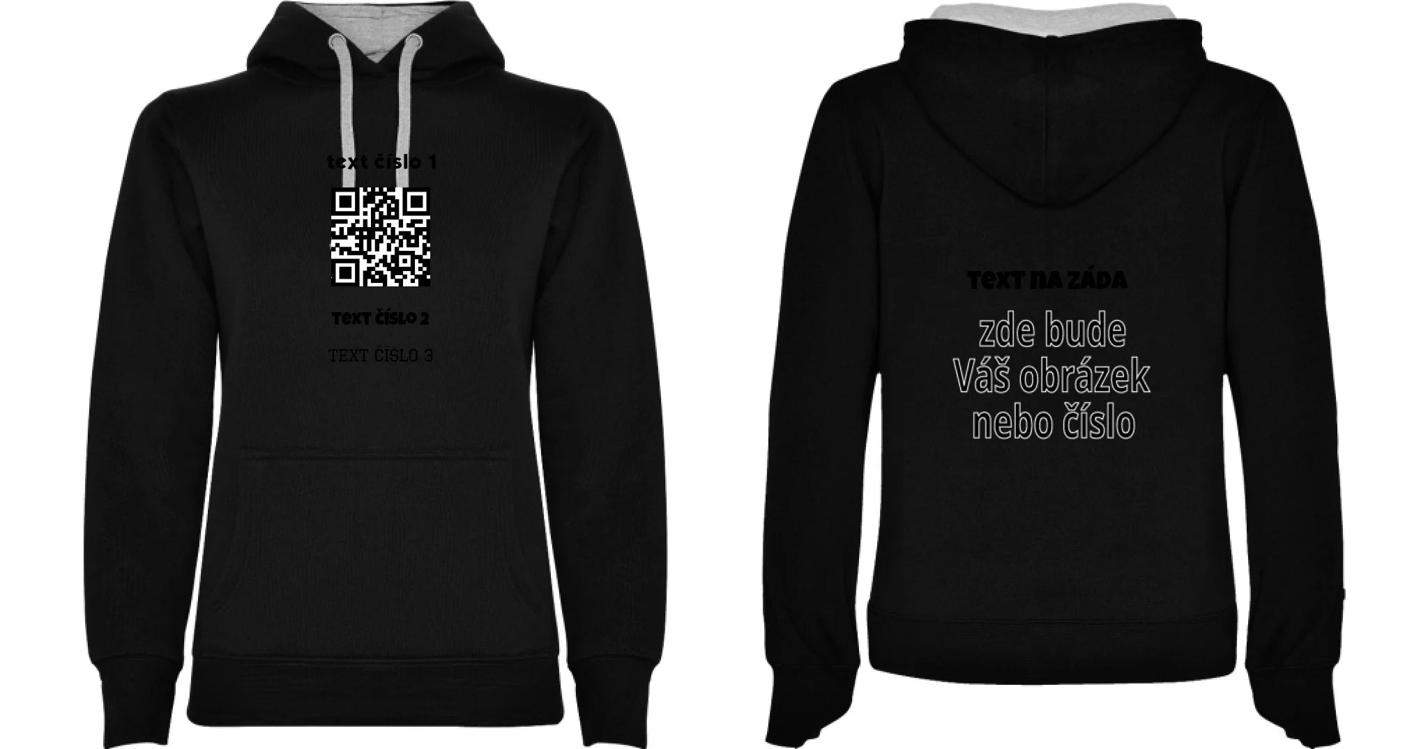 DÁMSKÁ MIKINA S KAPUCÍ s motivem QR KÓD (vložíte url adresu, můžete vložit vlastní texty) oboustranný potisk dámská mikina URBAN Černá melír