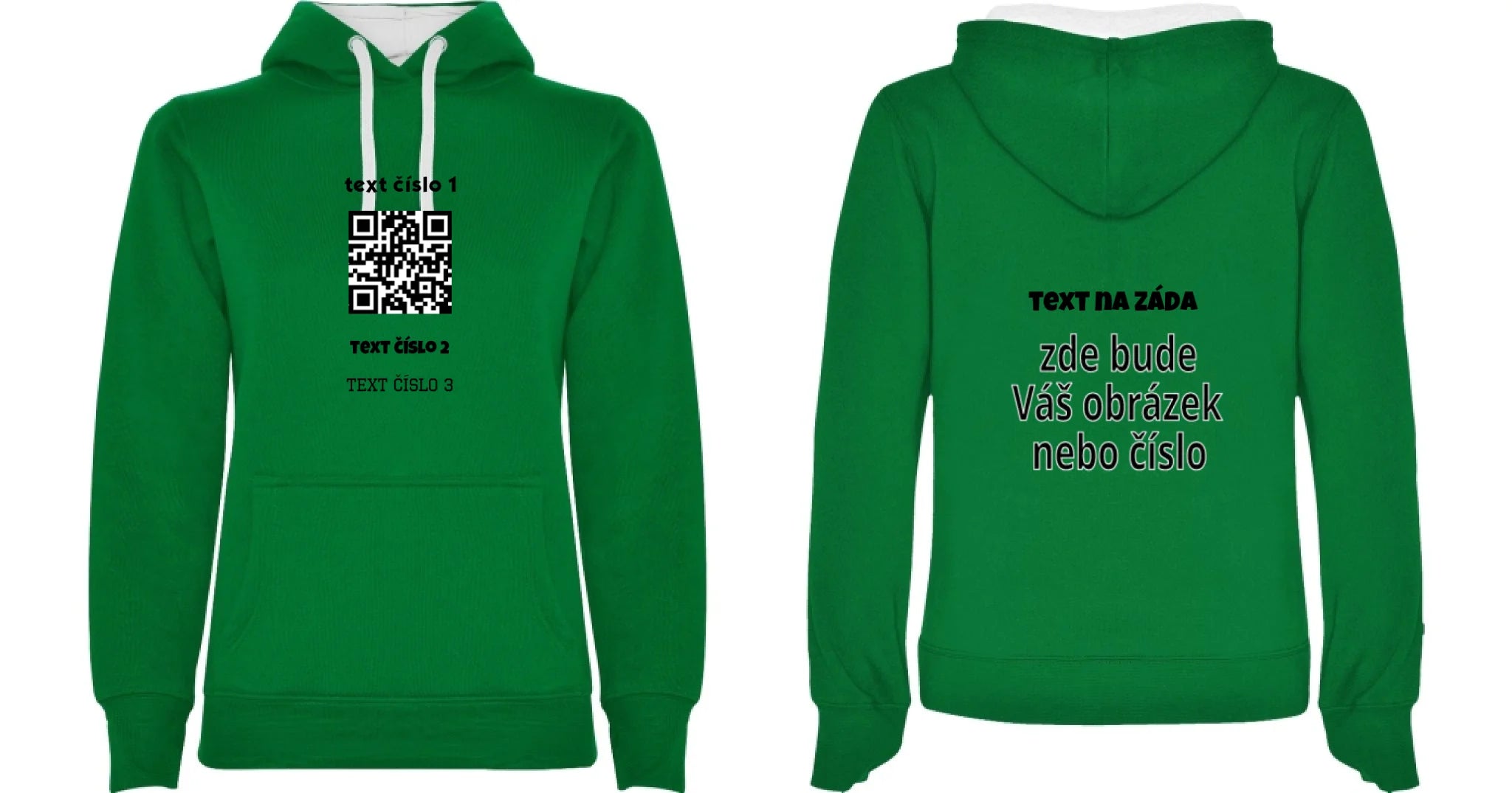 DÁMSKÁ MIKINA S KAPUCÍ s motivem QR KÓD (vložíte url adresu, můžete vložit vlastní texty) oboustranný potisk dámská mikina URBAN Sytě zelená bílá