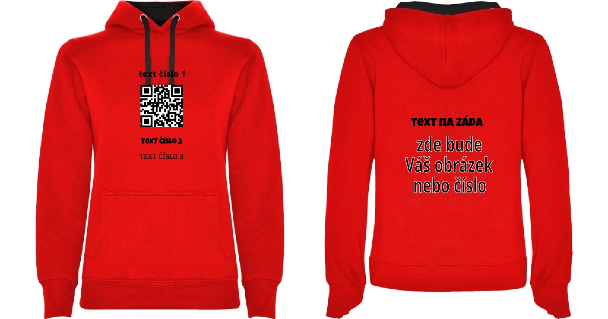 DÁMSKÁ MIKINA S KAPUCÍ s motivem QR KÓD (vložíte url adresu, můžete vložit vlastní texty) oboustranný potisk dámská mikina URBAN Červená černá