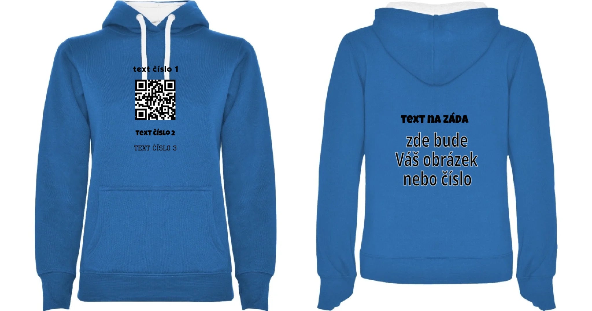 DÁMSKÁ MIKINA S KAPUCÍ s motivem QR KÓD (vložíte url adresu, můžete vložit vlastní texty) oboustranný potisk dámská mikina URBAN Modrá bílá