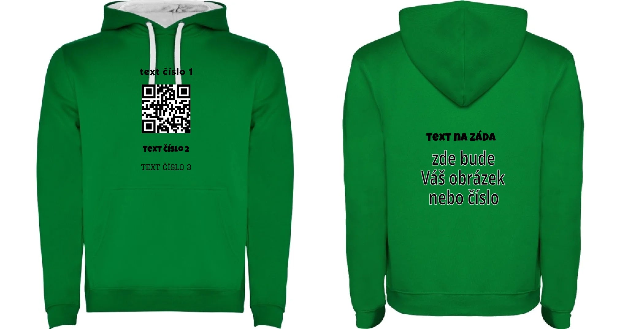 PÁNSKÁ MIKINA S KAPUCÍ s motivem QR KÓD (vložíte url adresu, můžete vložit vlastní texty) oboustranný potisk pánská mikina URBAN Sytě zelená bílá