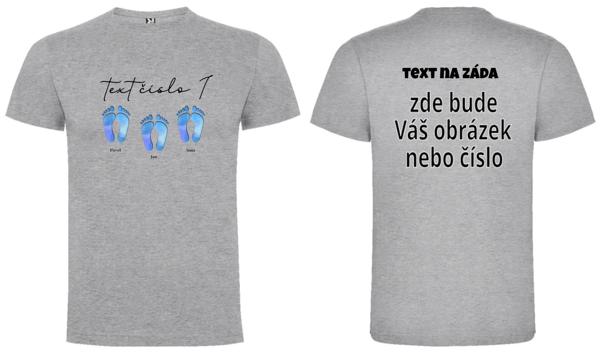 CHLAPECKÉ TRIČKO s motivem NAŠE STOPY (vložíte jména) oboustranný potisk chlapecké DOGO Melír